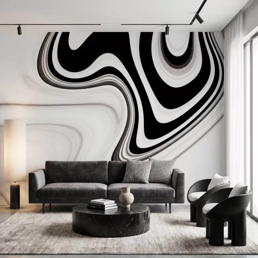 Fotobehang Abstracte muurschildering met vloeiende zwart-witte golven in een moderne, minimalistische stijl w09877