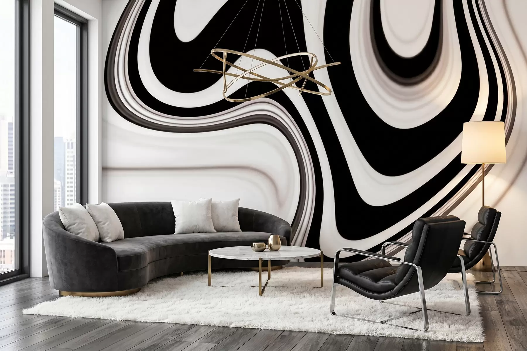 Fotobehang Abstracte muurschildering met vloeiende zwart-witte golven in een moderne, minimalistische stijl w09877