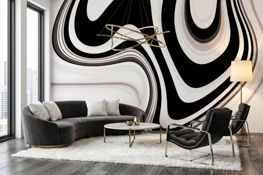 Fotobehang Abstracte muurschildering met vloeiende zwart-witte golven in een moderne, minimalistische stijl w09877