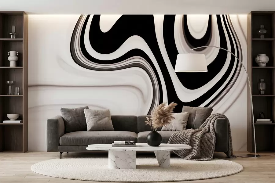 Fotobehang Abstracte muurschildering met vloeiende zwart-witte golven in een moderne, minimalistische stijl w09877