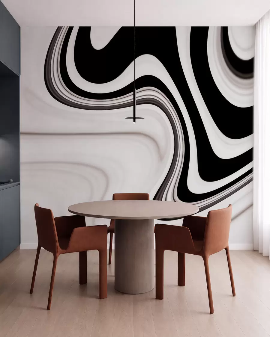 Fotobehang Abstracte muurschildering met vloeiende zwart-witte golven in een moderne, minimalistische stijl w09877