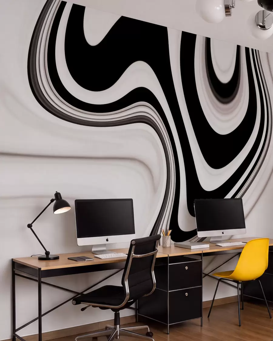 Fotobehang Abstracte muurschildering met vloeiende zwart-witte golven in een moderne, minimalistische stijl w09877