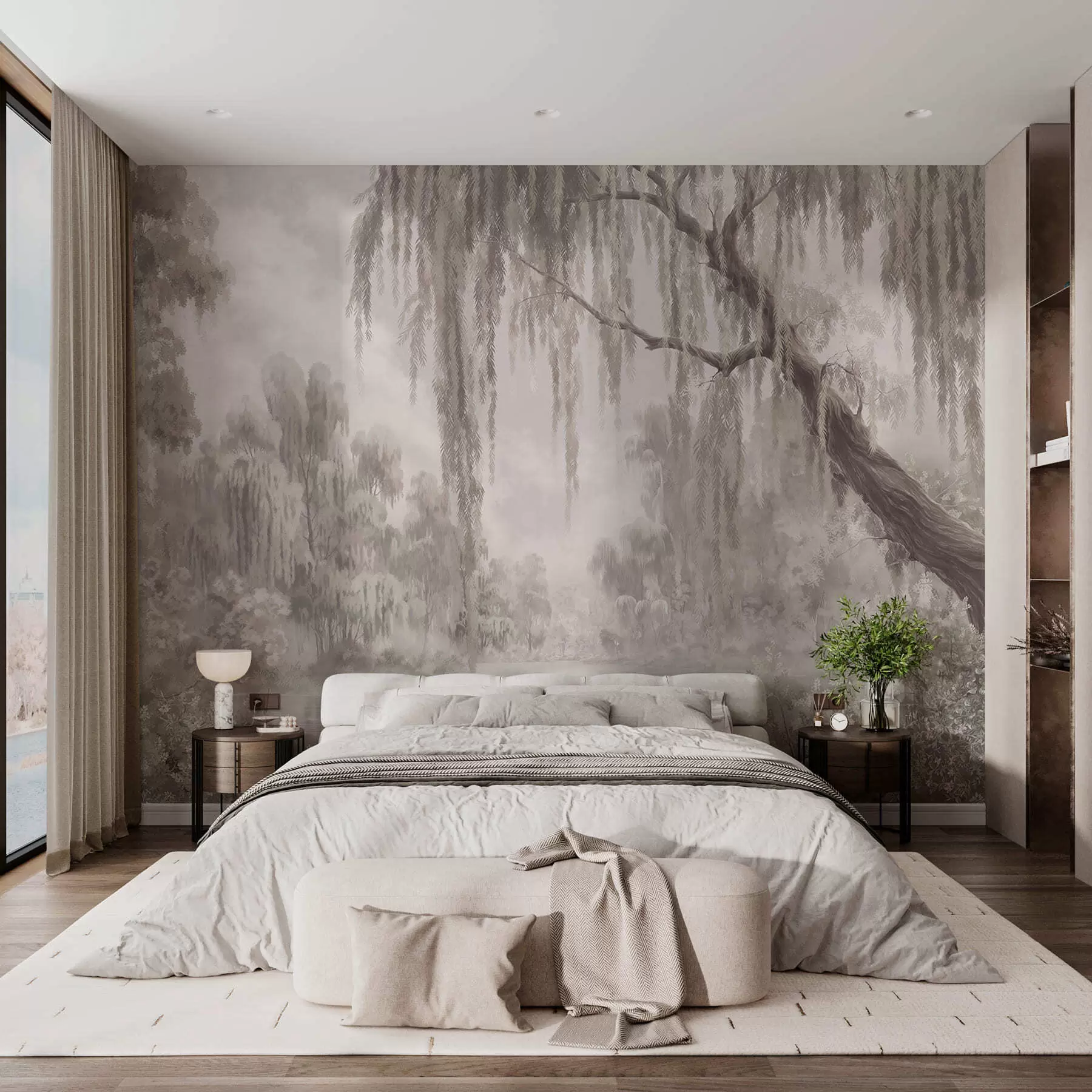 Fotobehang Monochroom tafereel met wilgen boven rustig water w05631