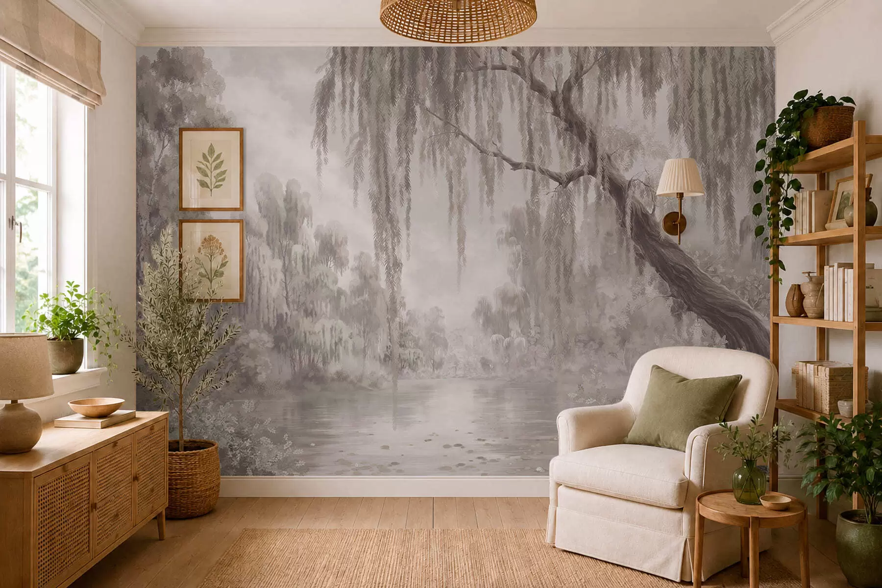 Fotobehang Monochroom tafereel met wilgen boven rustig water w05631