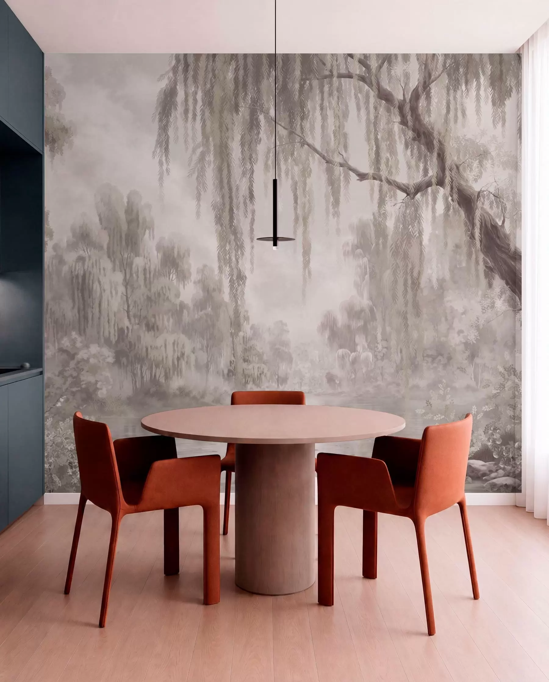 Fotobehang Monochroom tafereel met wilgen boven rustig water w05631