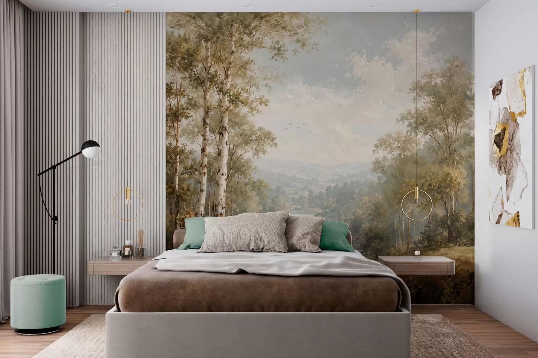 Fotobehang Een helder rivierlandschap met berkenbomen en wolken w05685