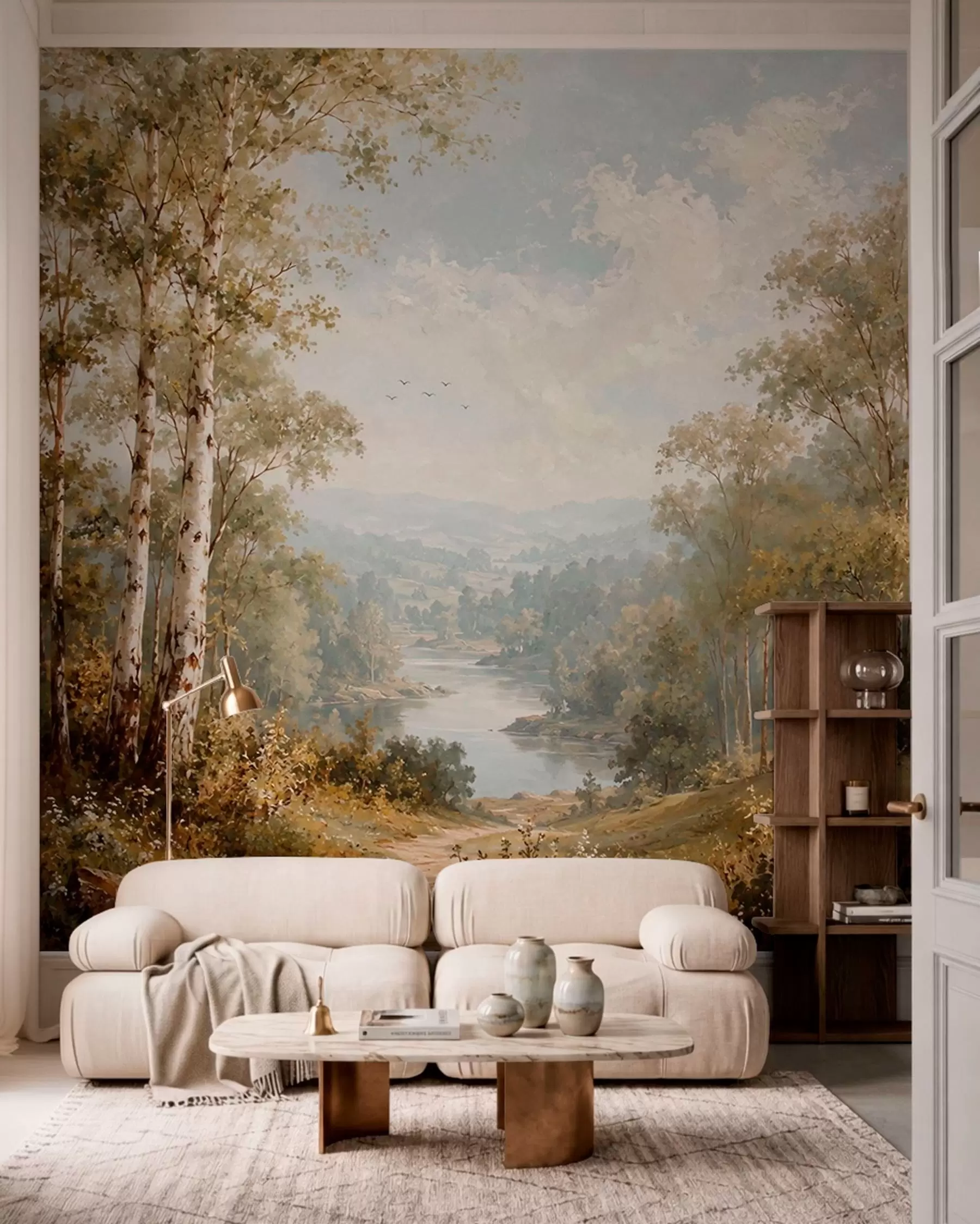 Fotobehang Berken langs de rivieroever w05685