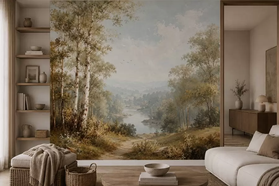 Fotobehang Een helder rivierlandschap met berkenbomen en wolken w05685