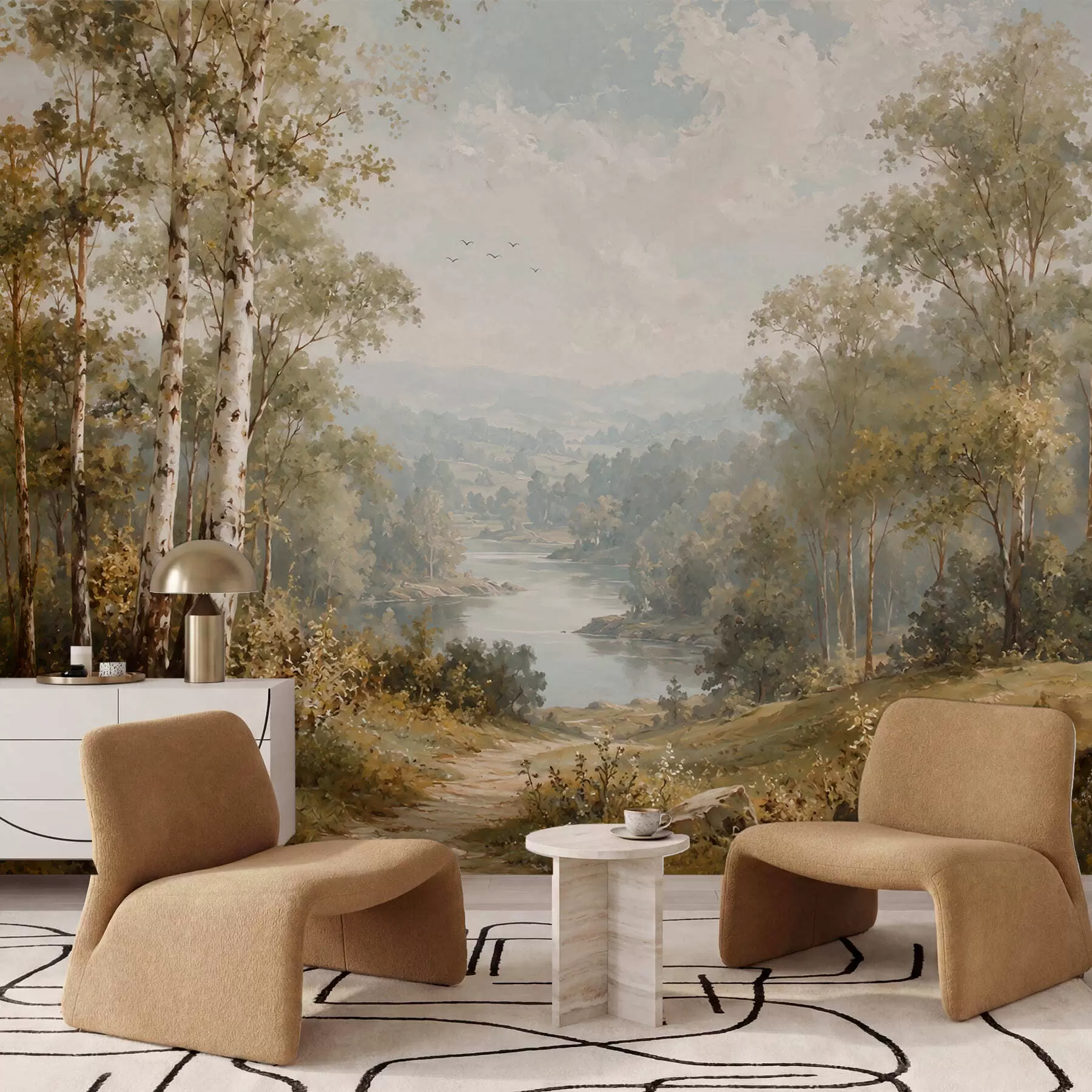 Fotobehang Een helder rivierlandschap met berkenbomen en wolken w05685