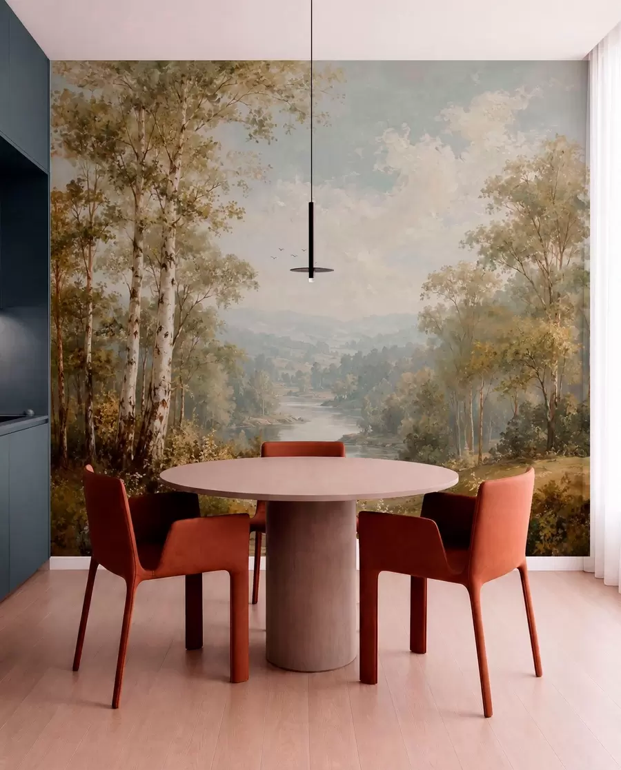 Fotobehang Een helder rivierlandschap met berkenbomen en wolken w05685