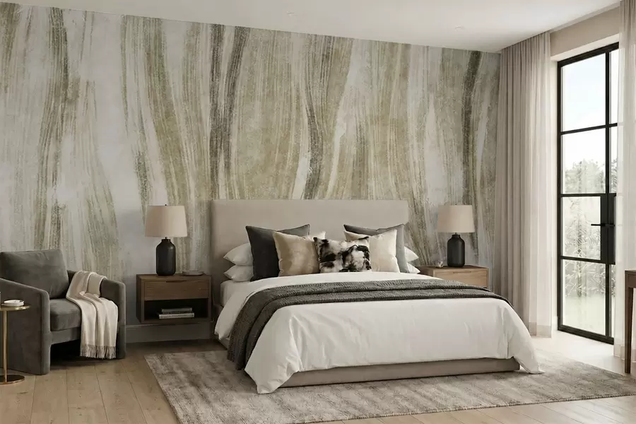 Fotobehang Een abstracte textuur met vloeiende verticale strepen in grijs-beige tinten w05686v1