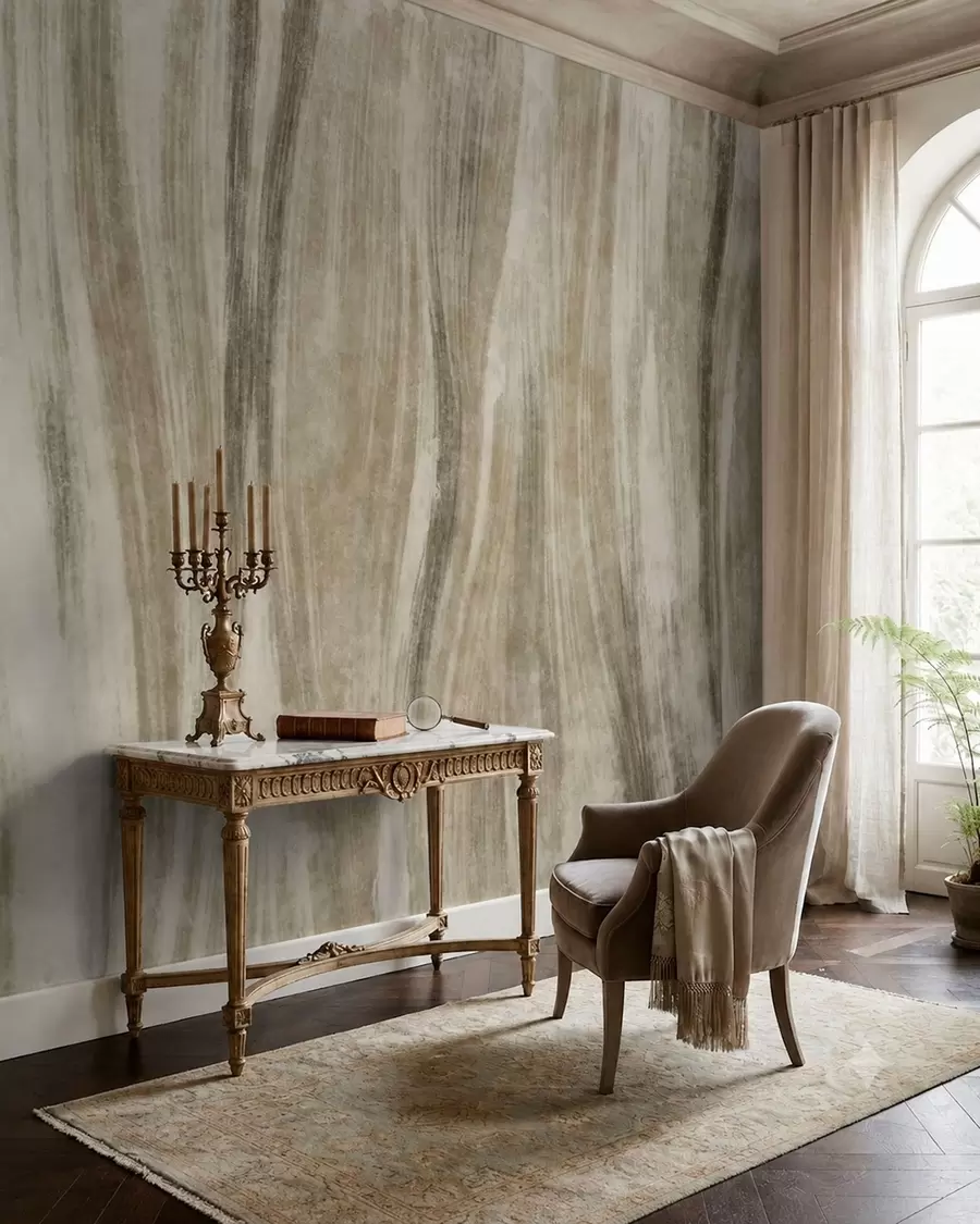 Fotobehang Een abstracte textuur met vloeiende verticale strepen in grijs-beige tinten w05686v1