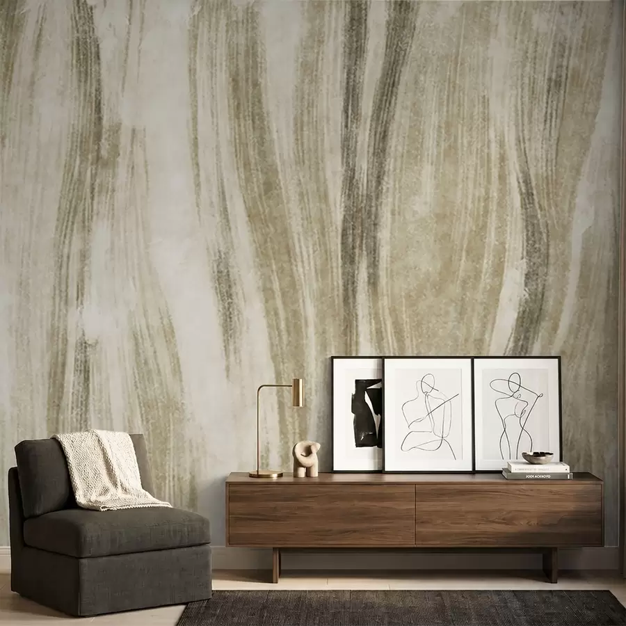Fotobehang Een abstracte textuur met vloeiende verticale strepen in grijs-beige tinten w05686v1