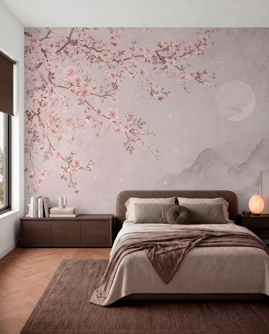 Fotobehang Roze bloesems aan een tak boven een rustig berglandschap w05695v1