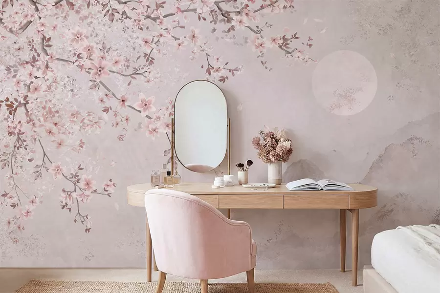 Fotobehang Roze bloesems aan een tak boven een rustig berglandschap w05695v1
