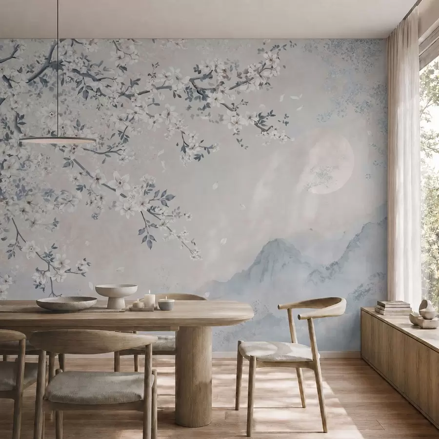 Fotobehang Een sierlijke bloeiende tak boven mistige bergen en de maan w05695v2