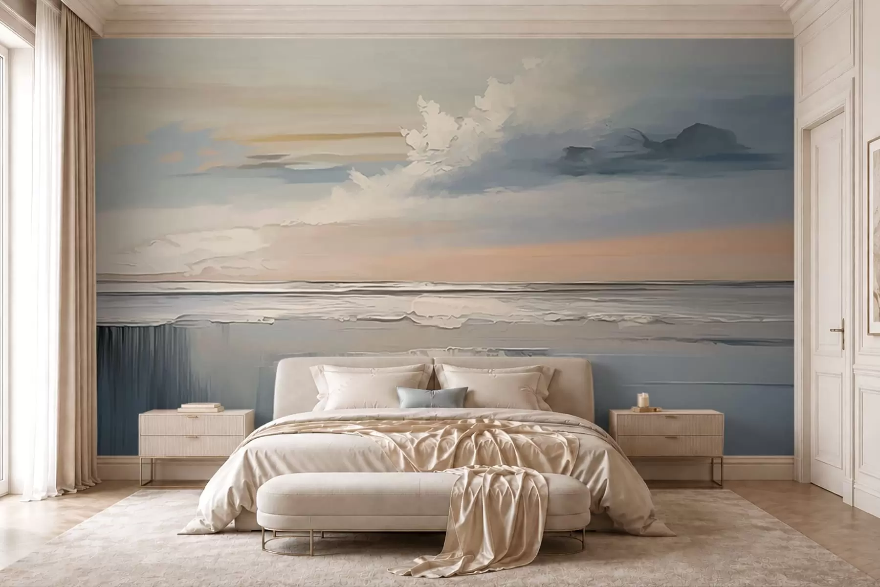 Fotobehang Pastelkleurige kust met wolken en weerspiegeling in het water w05687