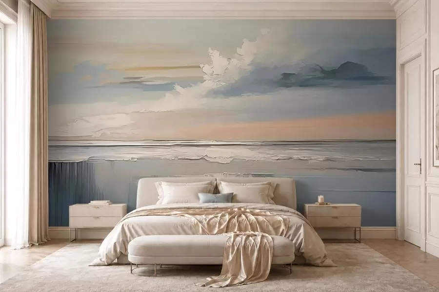 Fotobehang Pastelkleurige kust met wolken en weerspiegeling in het water w05687