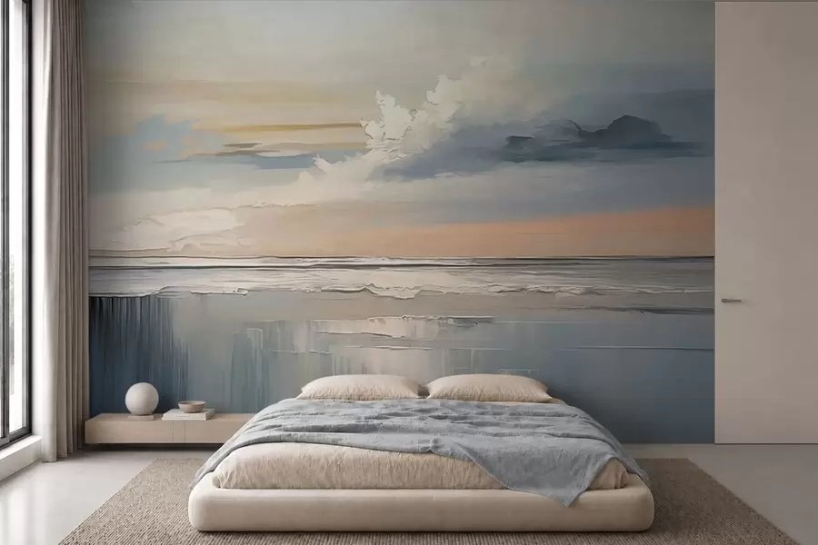 Fotobehang Pastelkleurige kust met wolken en weerspiegeling in het water w05687