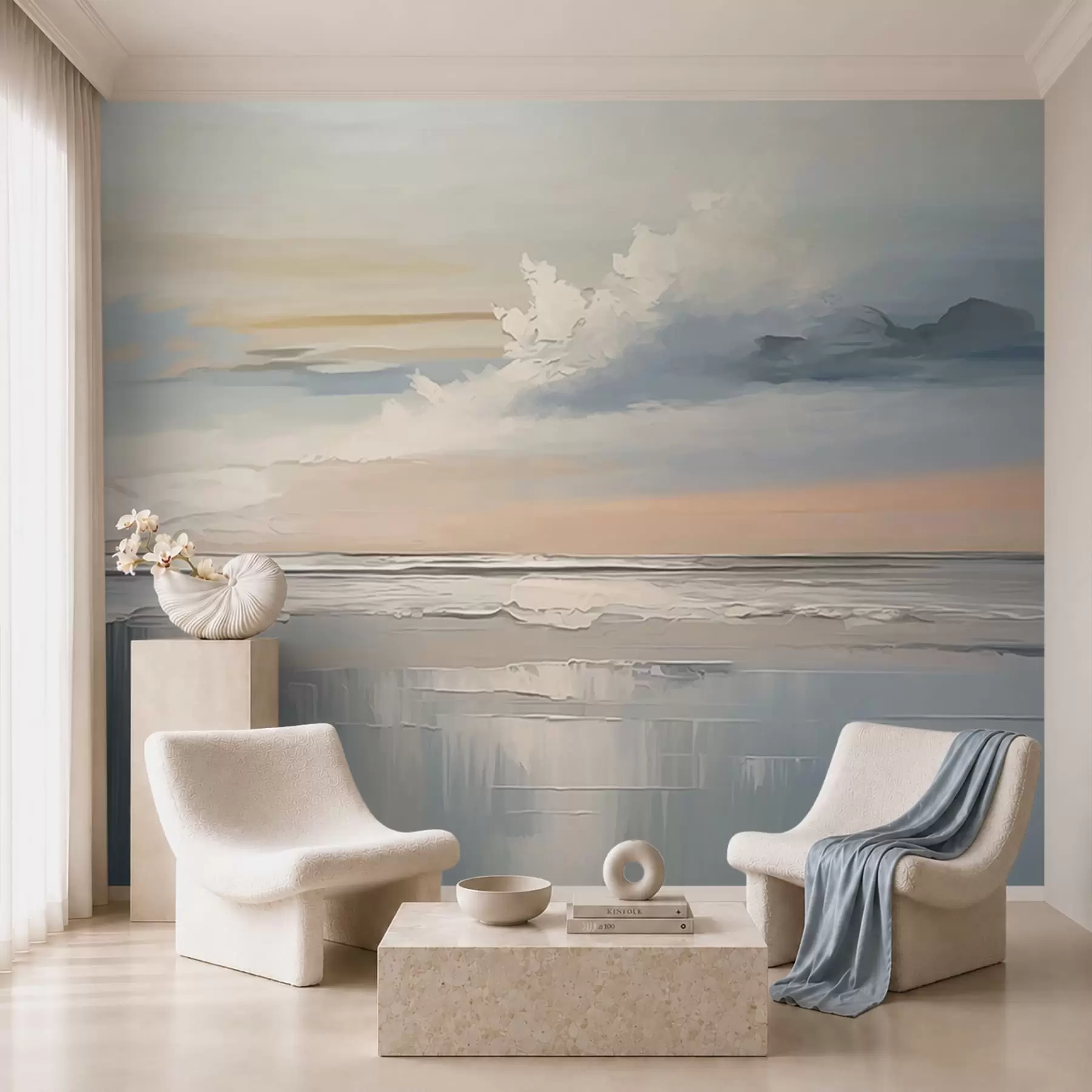 Fotobehang Pastelkleurige kust met wolken en weerspiegeling in het water w05687