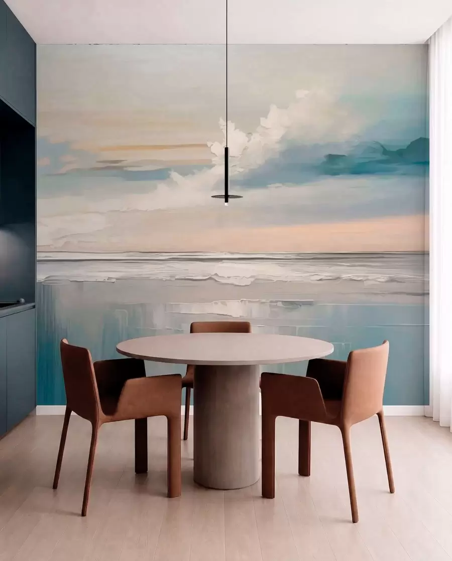 Fotobehang Pastelkleurige kust met wolken en weerspiegeling in het water w05687