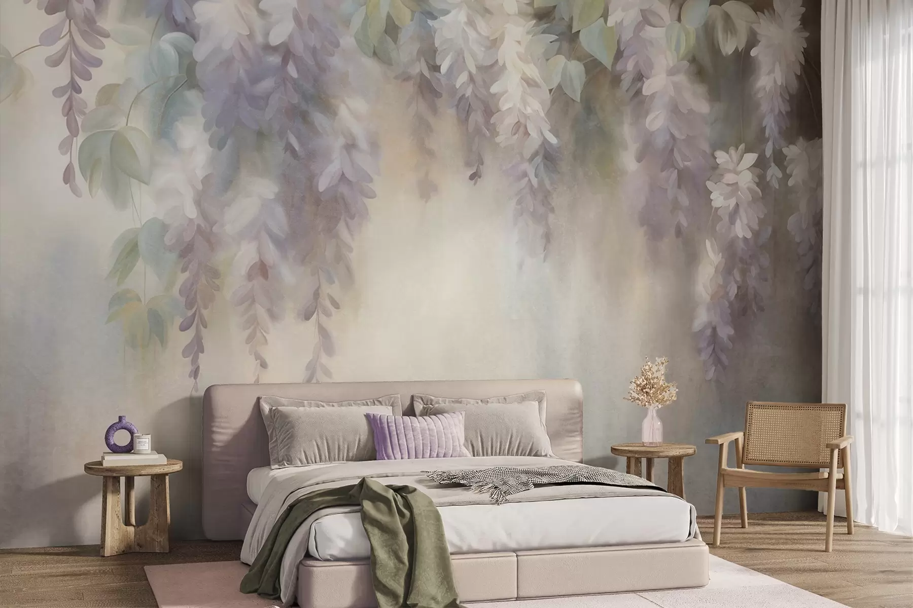 Fotobehang Lichtpaarse blauweregenbloemen met textuur die naar beneden hangen, met groene bladeren, tegen een pastelkleurige achtergrond w09896