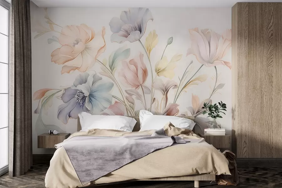 Fotobehang Fijne bloemen in pasteltinten van roze, blauw en geel met groene blaadjes, lichte achtergrond w09898