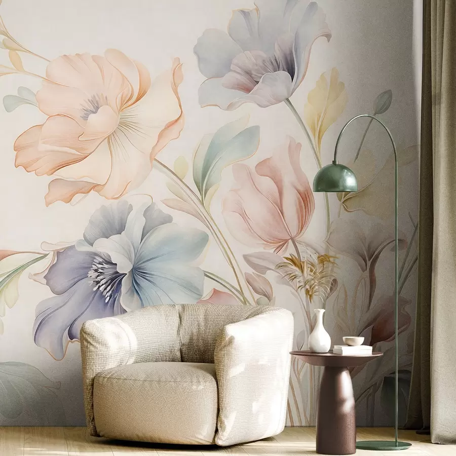 Fotobehang Fijne bloemen in pasteltinten van roze, blauw en geel met groene blaadjes, lichte achtergrond w09898