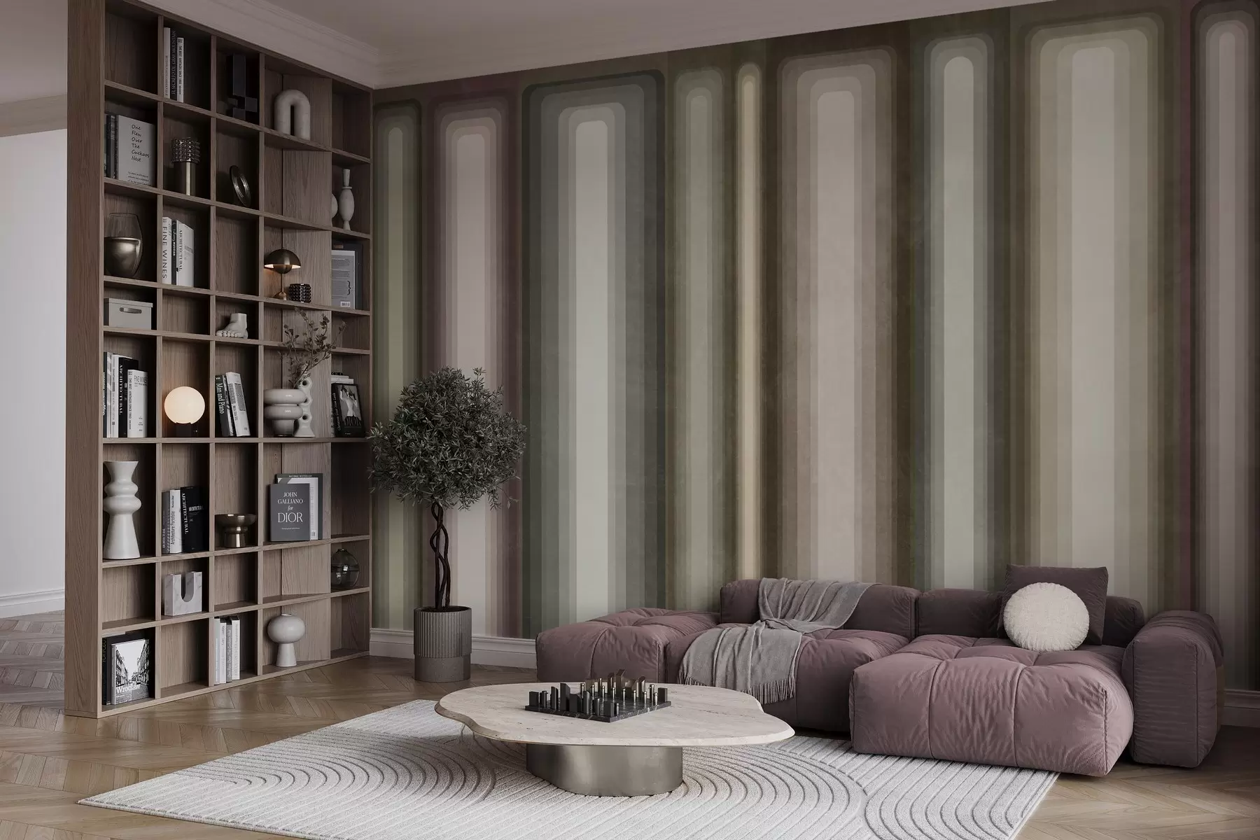 Fotobehang Getextureerde, abstracte, verticale, afgeronde rechthoeken in gedempte tinten bruin, beige en lichtroze w09905