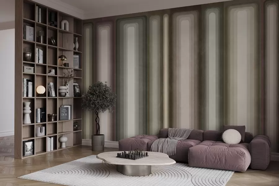 Fotobehang Getextureerde, abstracte, verticale, afgeronde rechthoeken in gedempte tinten bruin, beige en lichtroze w09905