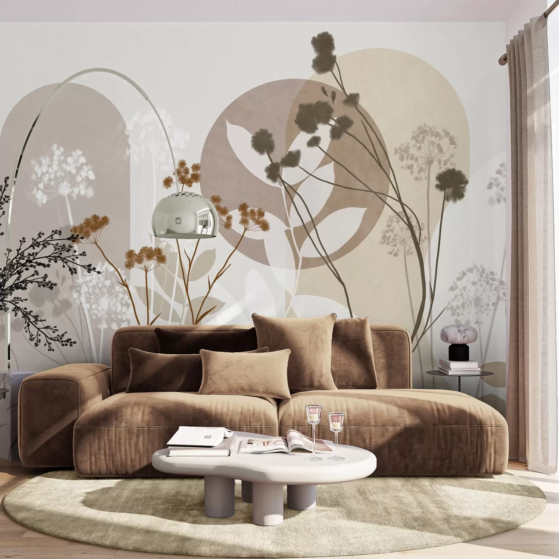 Fotobehang Een botanische en minimalistische compositie van gedroogde bloemen en bladeren met abstracte geometrische vormen w09906