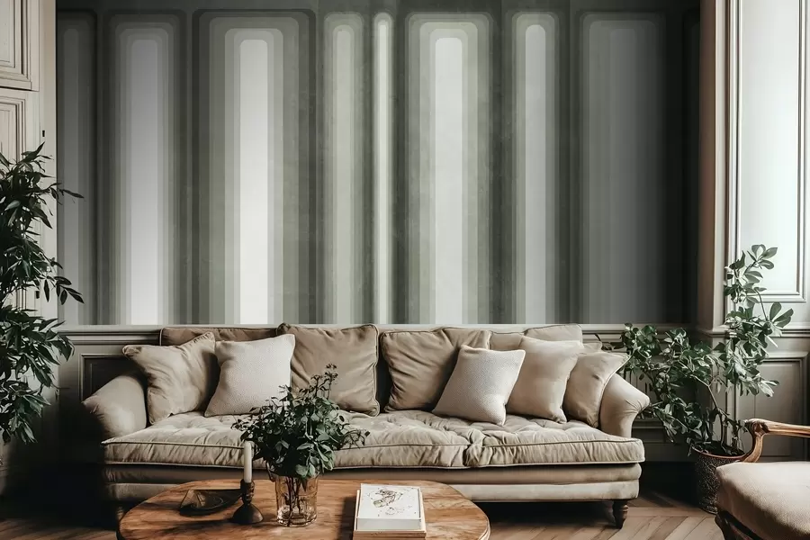 Fotobehang Abstracte, gestructureerde, verticale, afgeronde rechthoeken in gedempte groentinten w09905v2