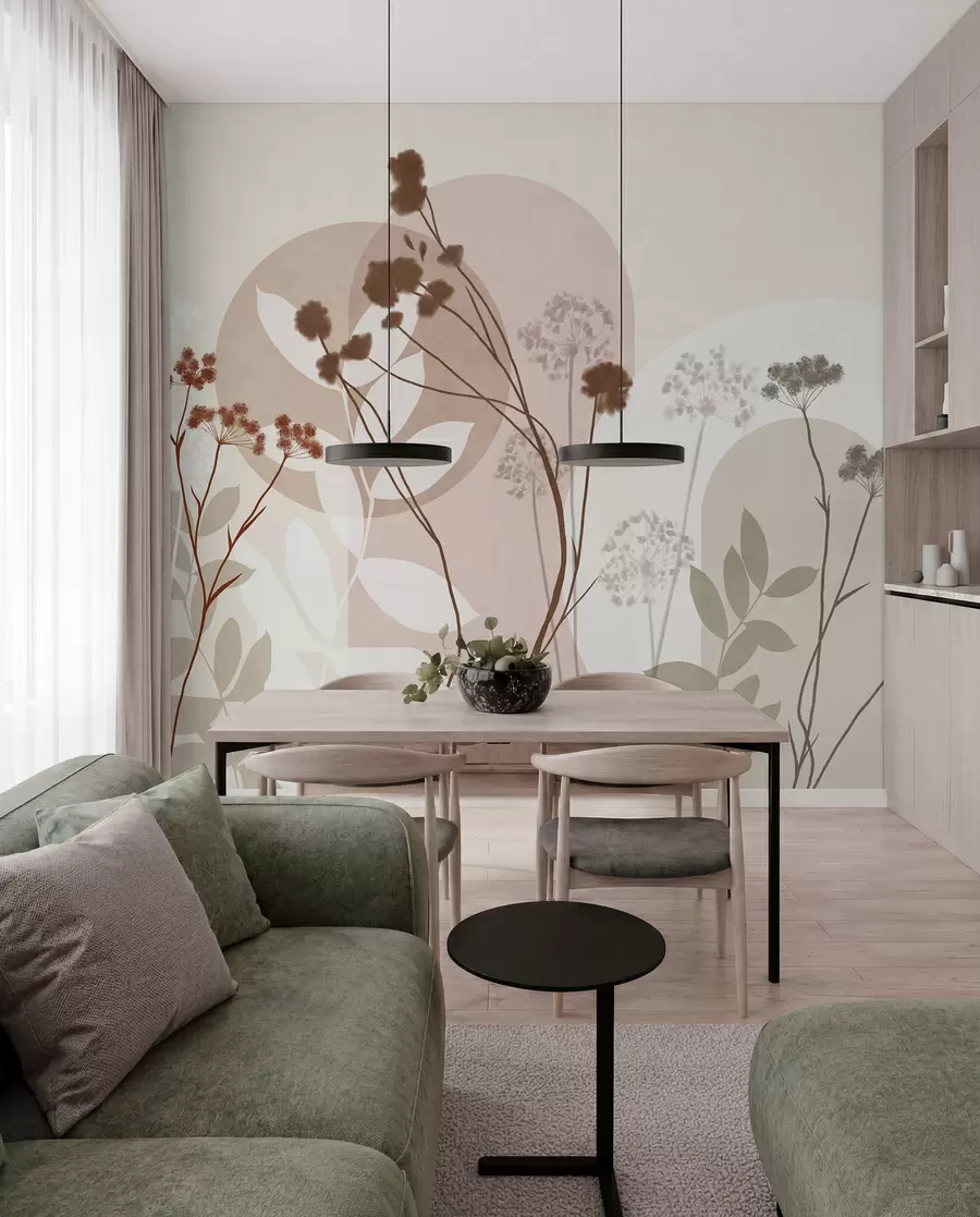 Fotobehang Een botanische en minimalistische compositie van gedroogde bloemen en bladeren met abstracte geometrische vormen w09906v1
