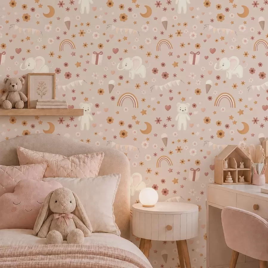 Fotobehang Kinderpatroon met olifant, regenboog en bloemen a00433