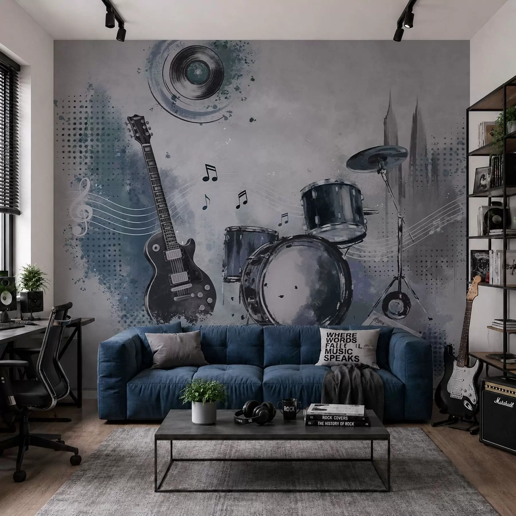 Fotobehang Gitaar en drumstel met muzieknoten w05546