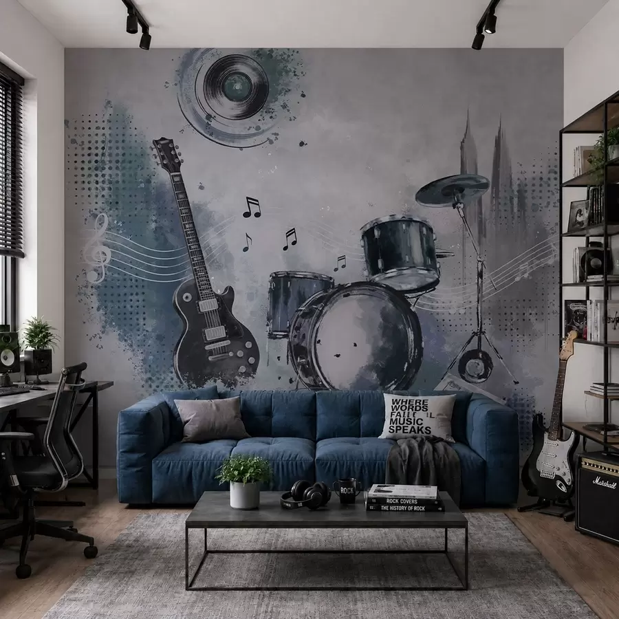 Fotobehang Gitaar en drumstel met muzieknoten w05546