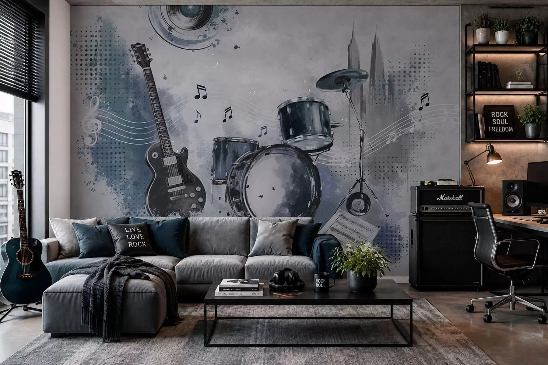 Fotobehang Gitaar en drumstel met muzieknoten w05546