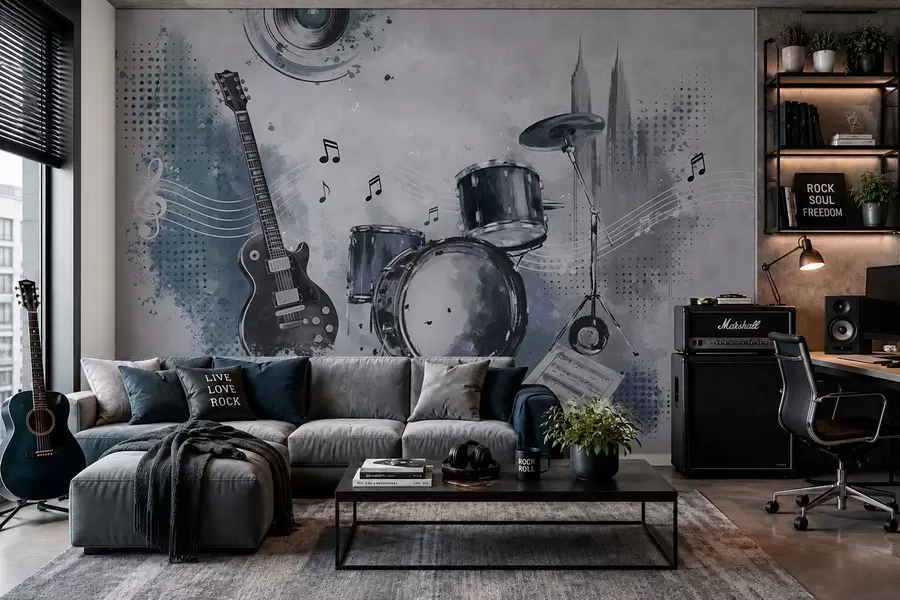 Fotobehang Gitaar en drumstel met muzieknoten w05546