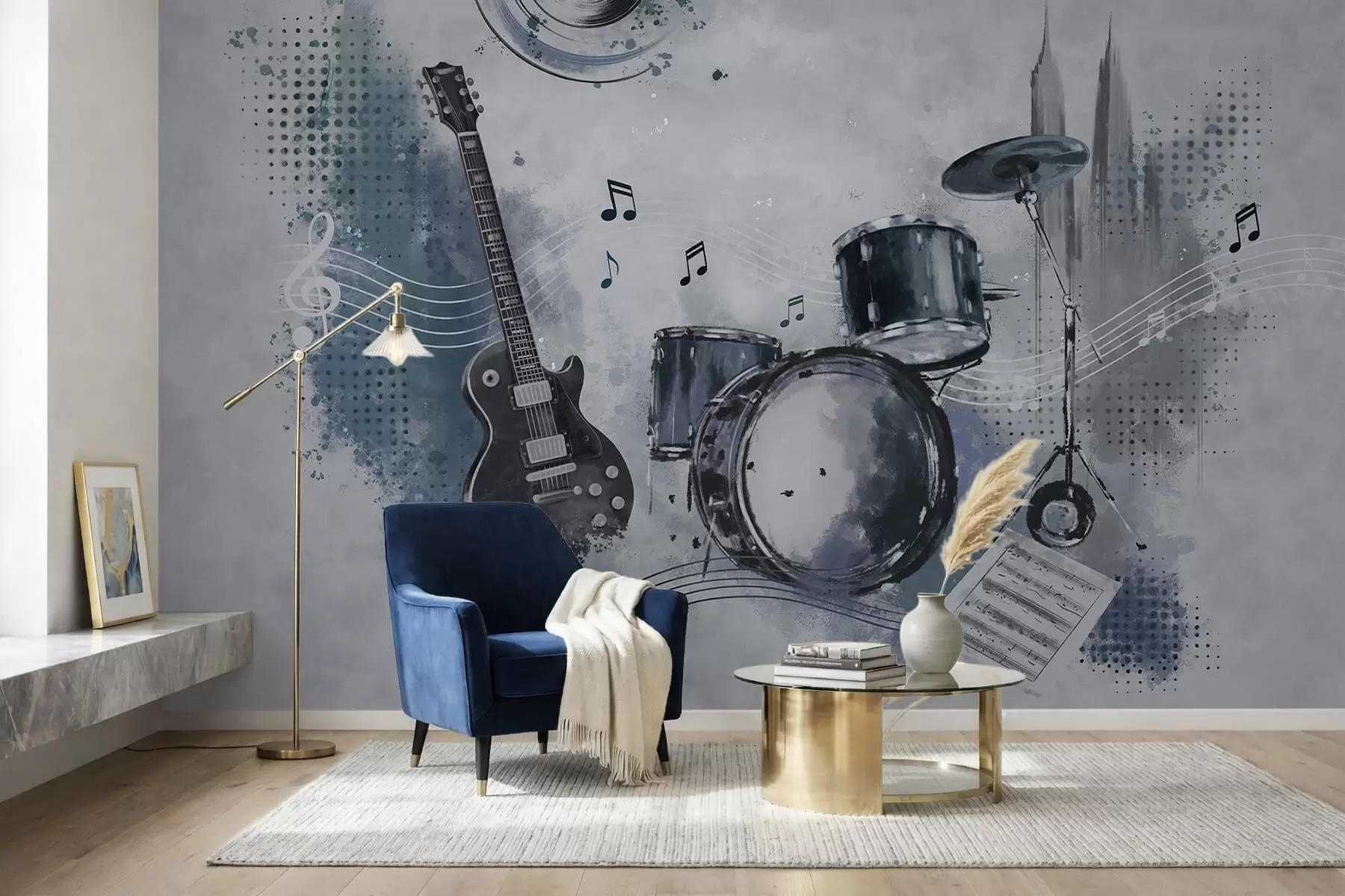 Fotobehang Gitaar en drumstel met muzieknoten w05546