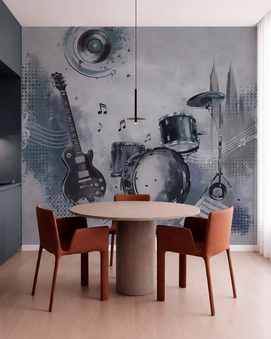 Fotobehang Gitaar en drumstel met muzieknoten w05546