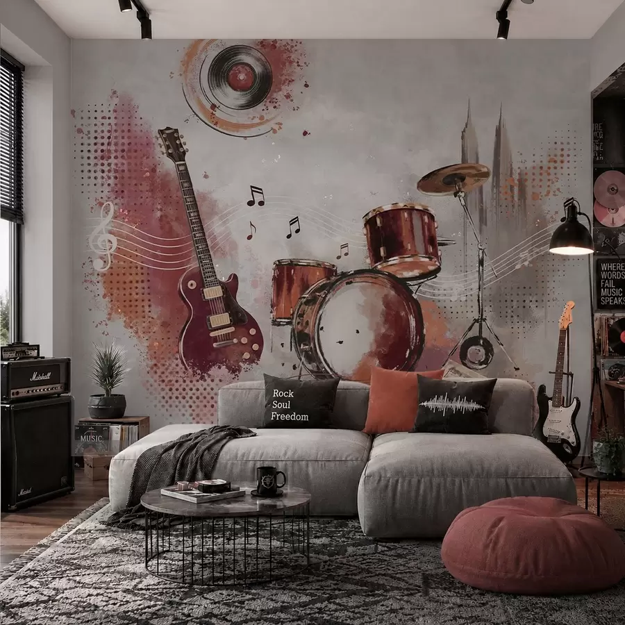 Fotobehang Muziekinstrumenten in warme bordeauxrode tinten w05546v1
