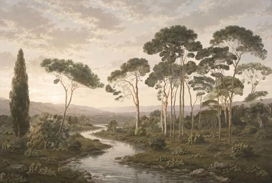 Fotobehang Landschap met een rivier, bomen en heuvels in de verte w05696