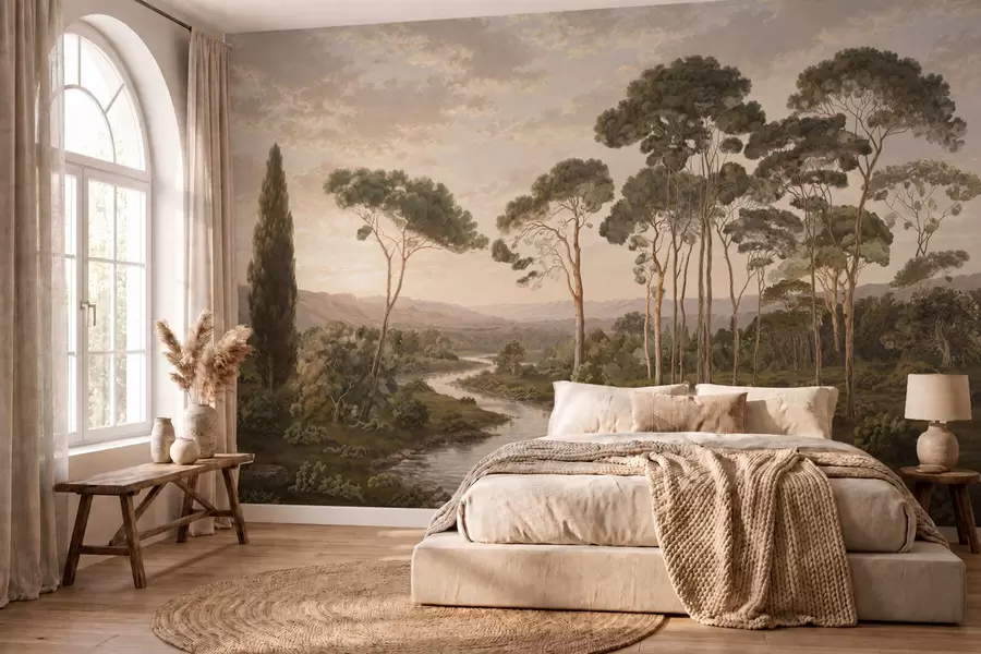 Fotobehang Landschap met een rivier, bomen en heuvels in de verte w05696