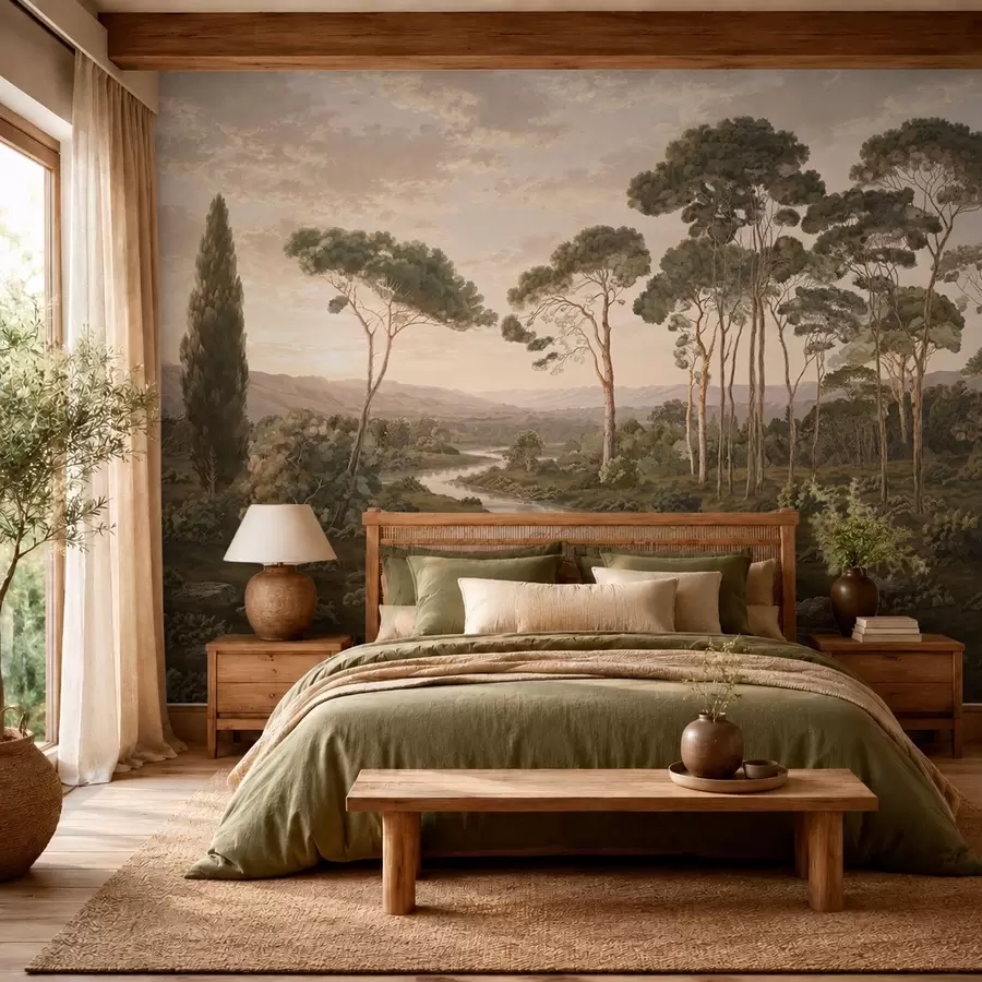 Fotobehang Landschap met een rivier, bomen en heuvels in de verte w05696