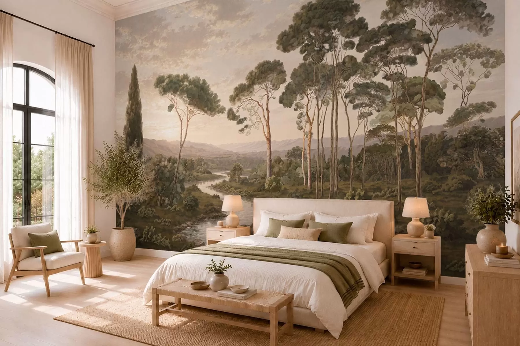 Fotobehang Landschap met een rivier, bomen en heuvels in de verte w05696