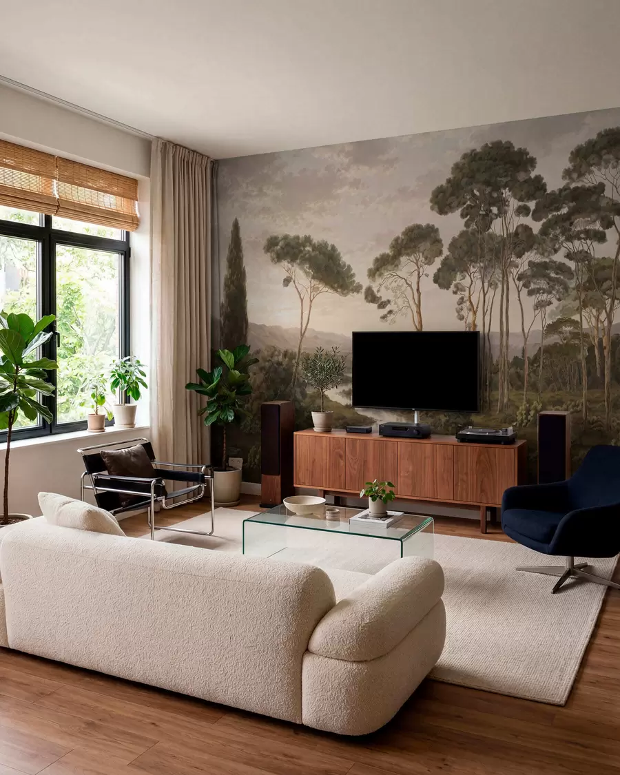 Fotobehang Landschap met een rivier, bomen en heuvels in de verte w05696