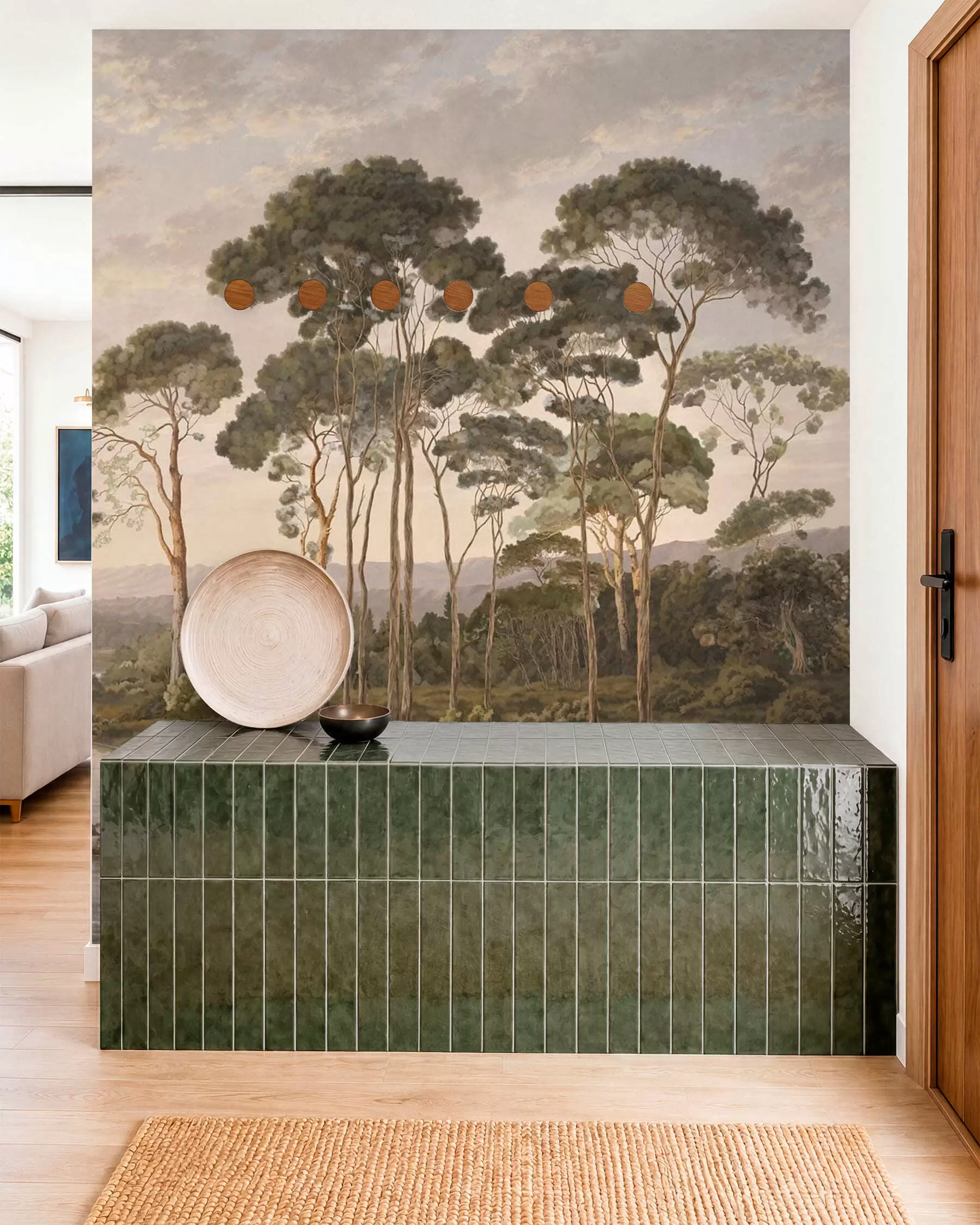 Fotobehang Landschap met een rivier, bomen en heuvels in de verte w05696