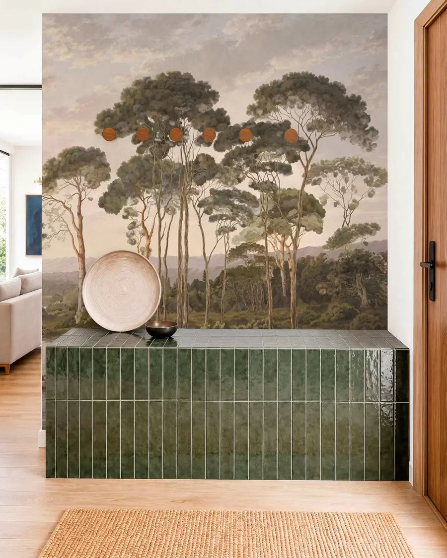Fotobehang Landschap met een rivier, bomen en heuvels in de verte w05696