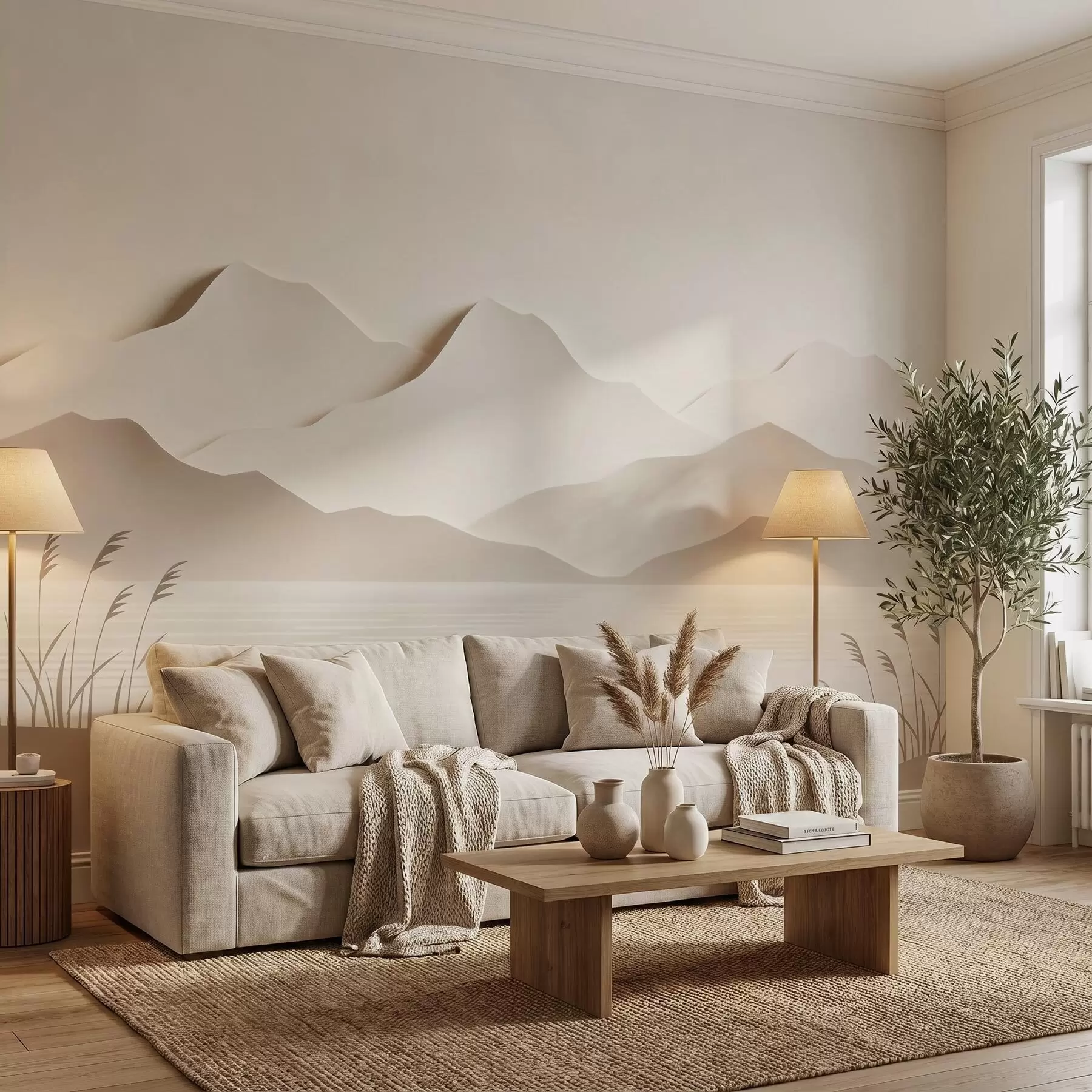 Fotobehang Een gelaagd berglandschap boven een rustig meer in een warm beige kleurenpalet w09876