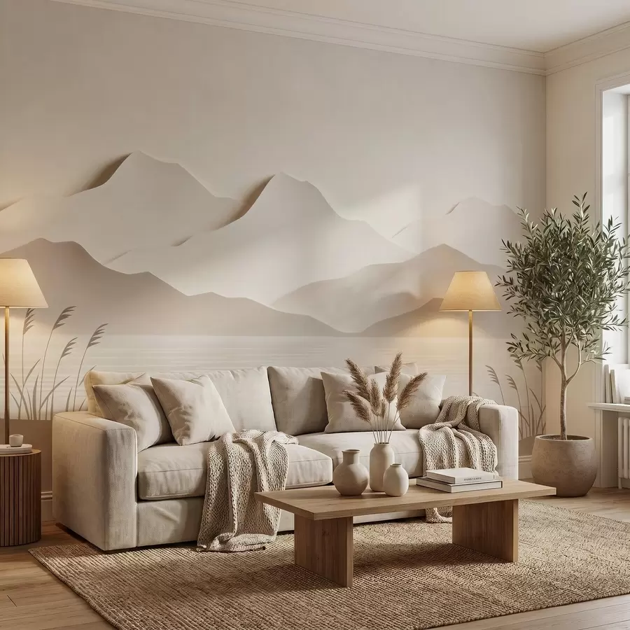 Fotobehang Een gelaagd berglandschap boven een rustig meer in een warm beige kleurenpalet w09876